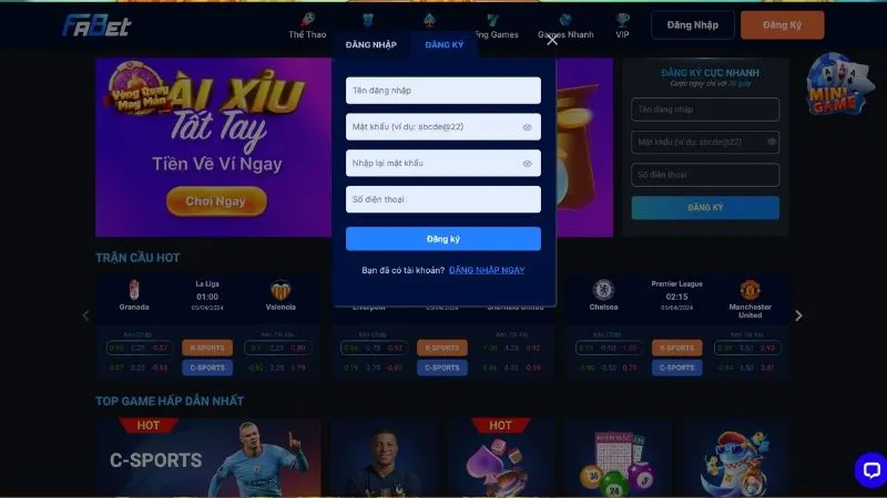 Giao diện đăng ký FaBet